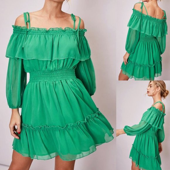 NEW Kelly Green Off Shoulder Ruffle Romantic Dress - Picture 9 of 10